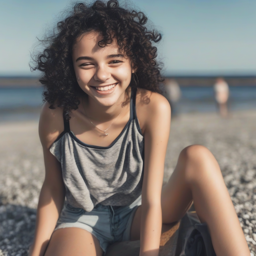 15 year old girl black curls smiling at sea by मुफ्त एआई छवि जनरेटर - बिना लॉगिन के✨ | AIGAZOU