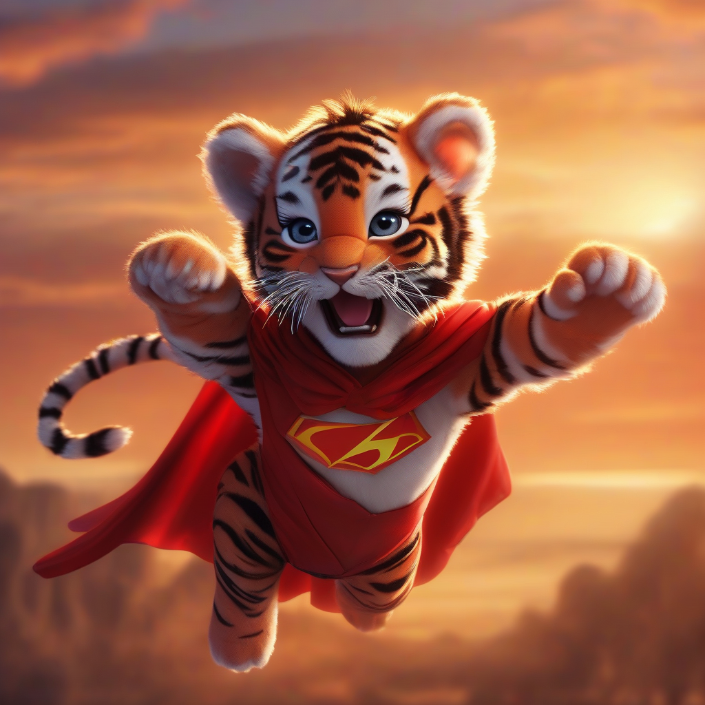 baby tiger superhero flying sunset by मुफ्त एआई छवि जनरेटर - बिना लॉगिन के✨ | AIGAZOU