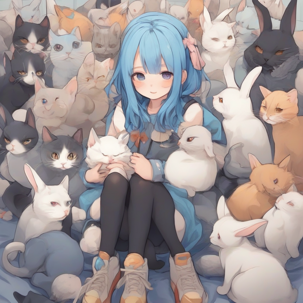 surrounded by many cats popular with cats with blue hair and rabbit ears by Générateur d'images par IA gratuit - Aucune connexion nécessaire✨ | AIGAZOU