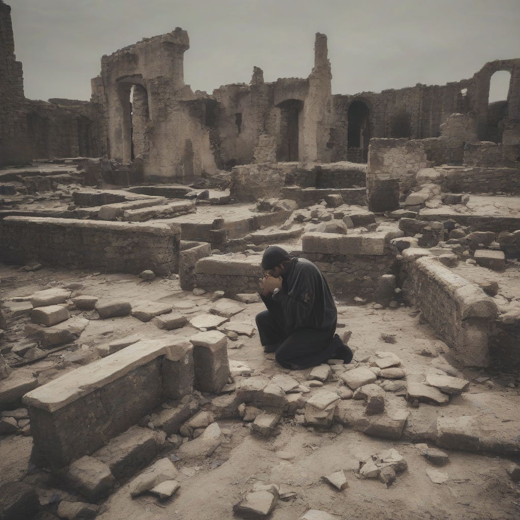 a man kneeling on the ruins by मुफ्त एआई छवि जनरेटर - बिना लॉगिन के✨ | AIGAZOU