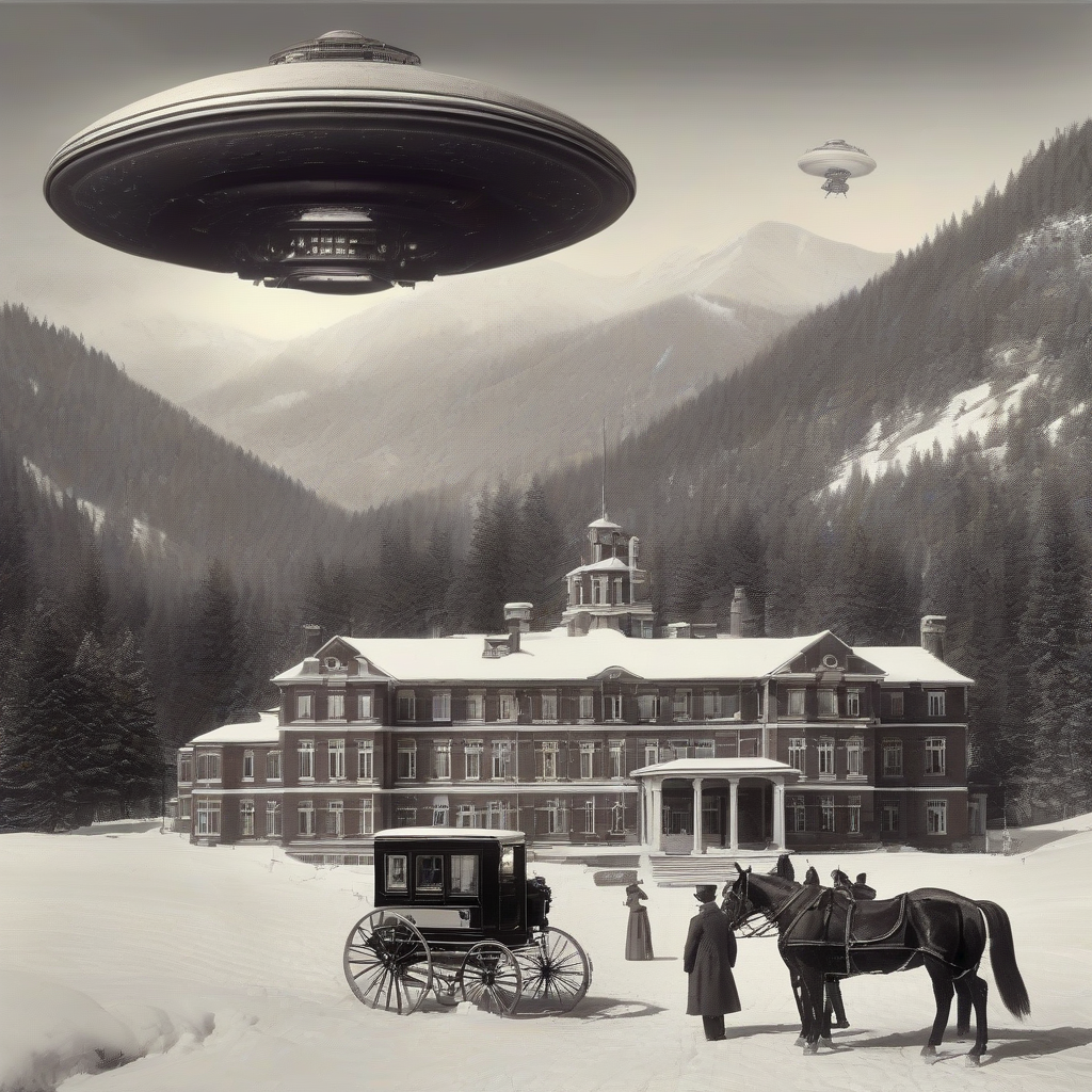 ufo over a sanatorium in the mountains 1880 by मुफ्त एआई छवि जनरेटर - बिना लॉगिन के✨ | AIGAZOU