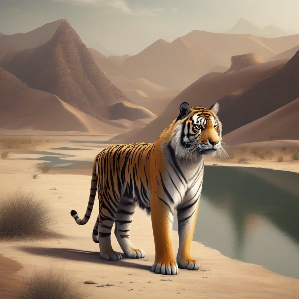 a tiger on a desert ground next to a lake by मुफ्त एआई छवि जनरेटर - बिना लॉगिन के✨ | AIGAZOU