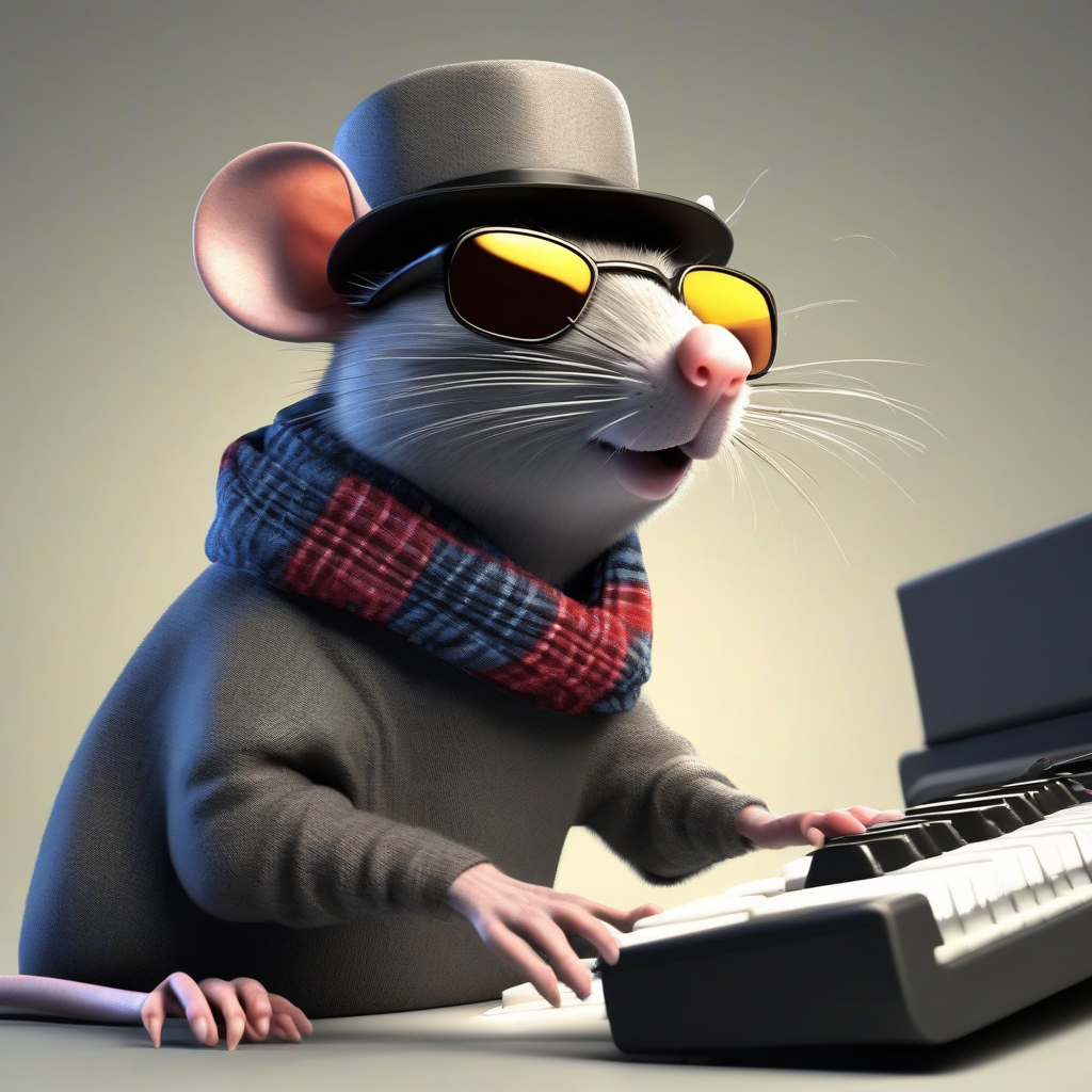 rat with dark glasses hat and scarf plays keyboard 3d by मुफ्त एआई छवि जनरेटर - बिना लॉगिन के✨ | AIGAZOU