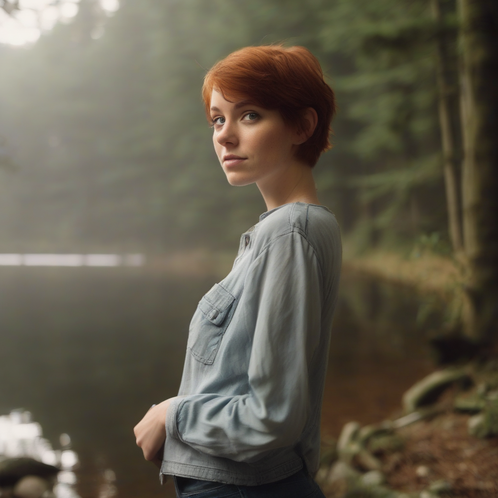 a full body amateur photo of a 25 year old attractive woman with very short auburn hair standing by a by मुफ्त एआई छवि जनरेटर - बिना लॉगिन के✨ | AIGAZOU