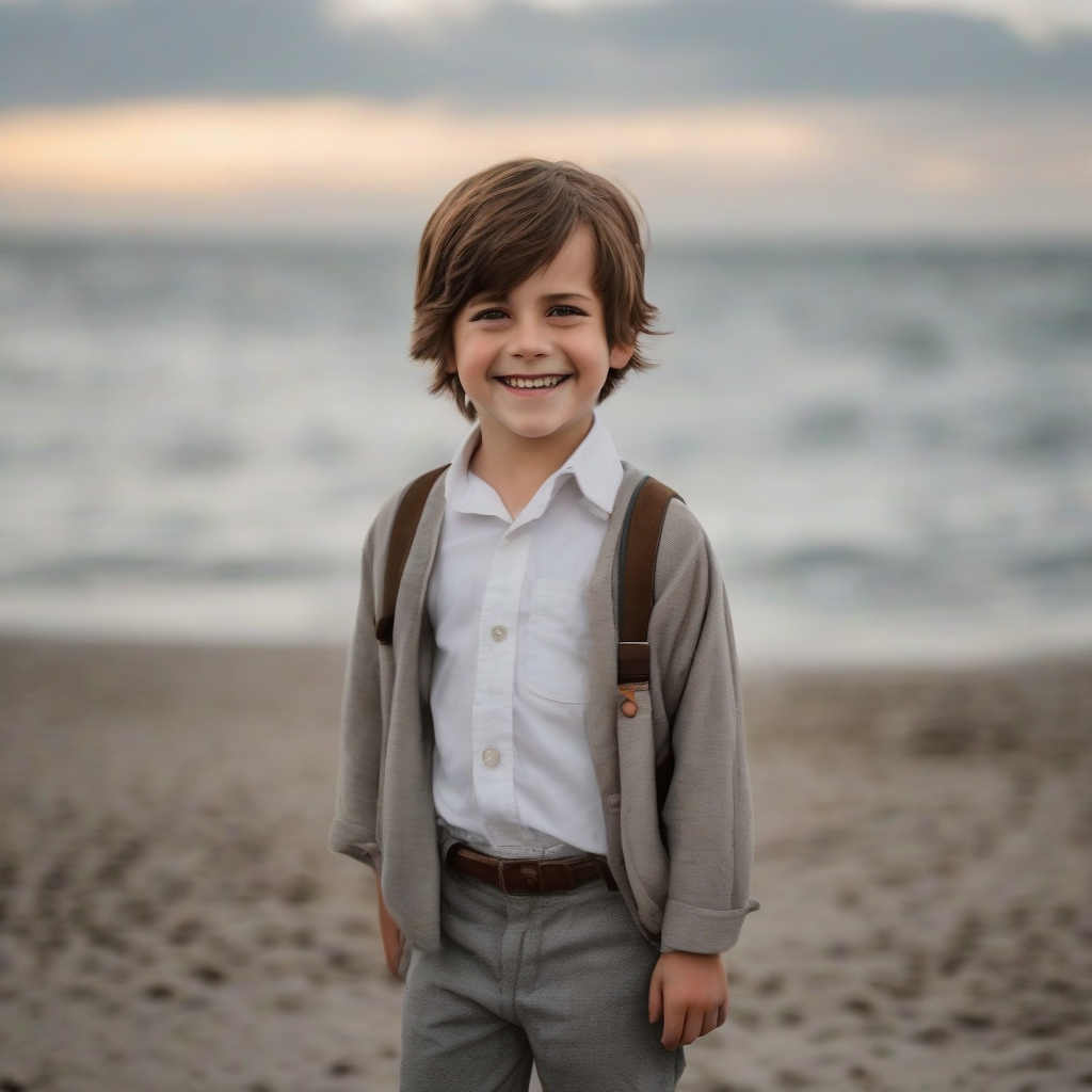 a five year old boy with brown hair smiling by the sea reminiscent of emma watson by मुफ्त एआई छवि जनरेटर - बिना लॉगिन के✨ | AIGAZOU