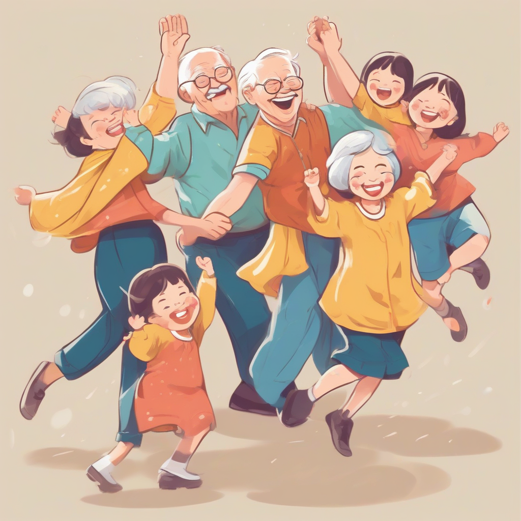 minimal illustration minimal colors dancing grandparents and ten grandchildren by मुफ्त एआई छवि जनरेटर - बिना लॉगिन के✨ | AIGAZOU