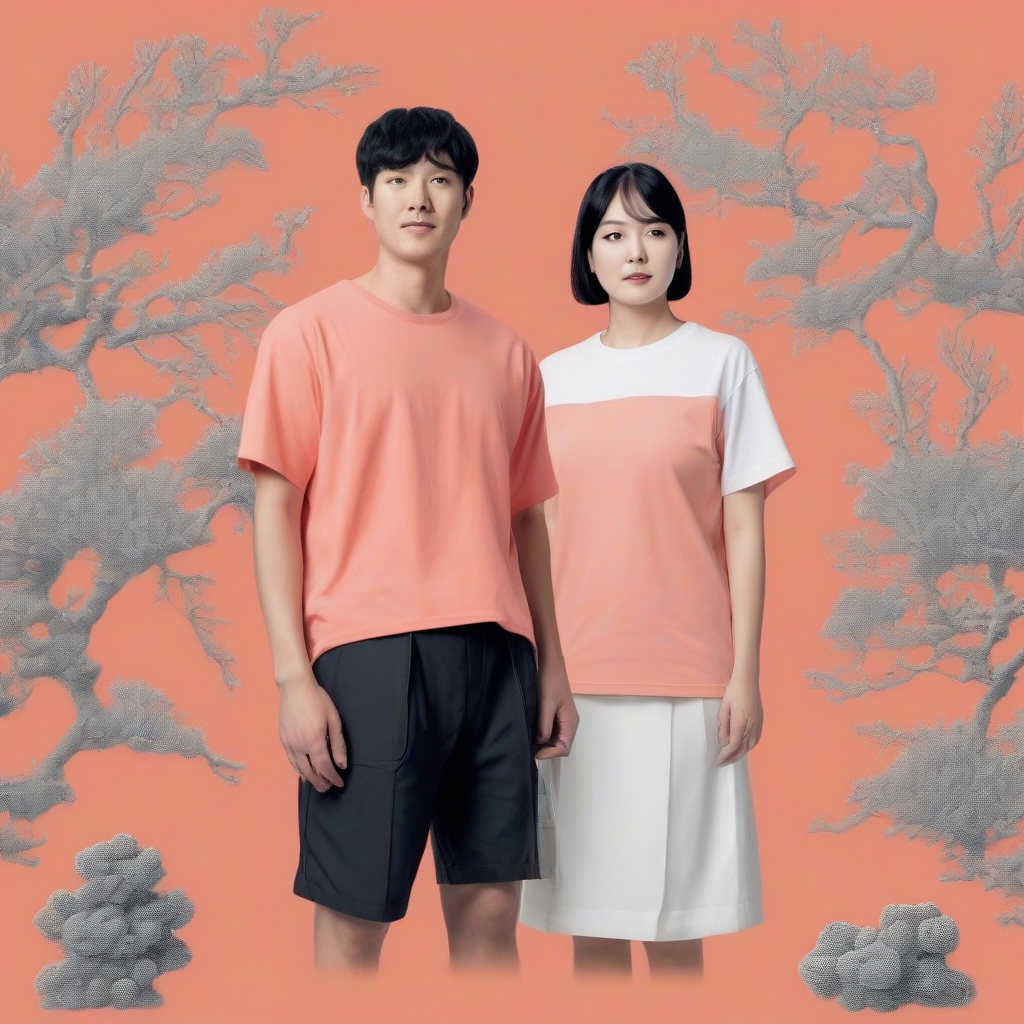 a korean man and woman in black hair and coral tees by मुफ्त एआई छवि जनरेटर - बिना लॉगिन के✨ | AIGAZOU