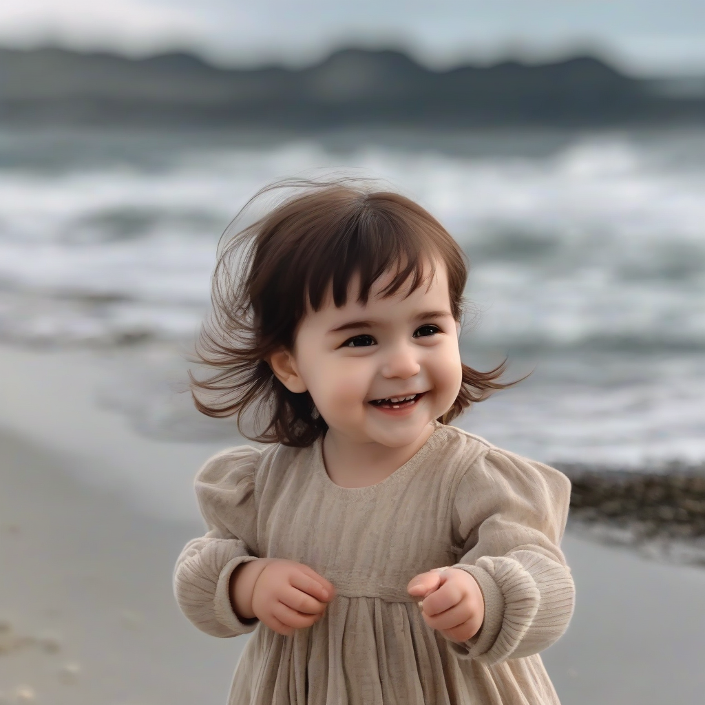 a year old girl with dark brown hair smiling by the sea reminiscent of emma watson by Générateur d'images par IA gratuit - Aucune connexion nécessaire✨ | AIGAZOU