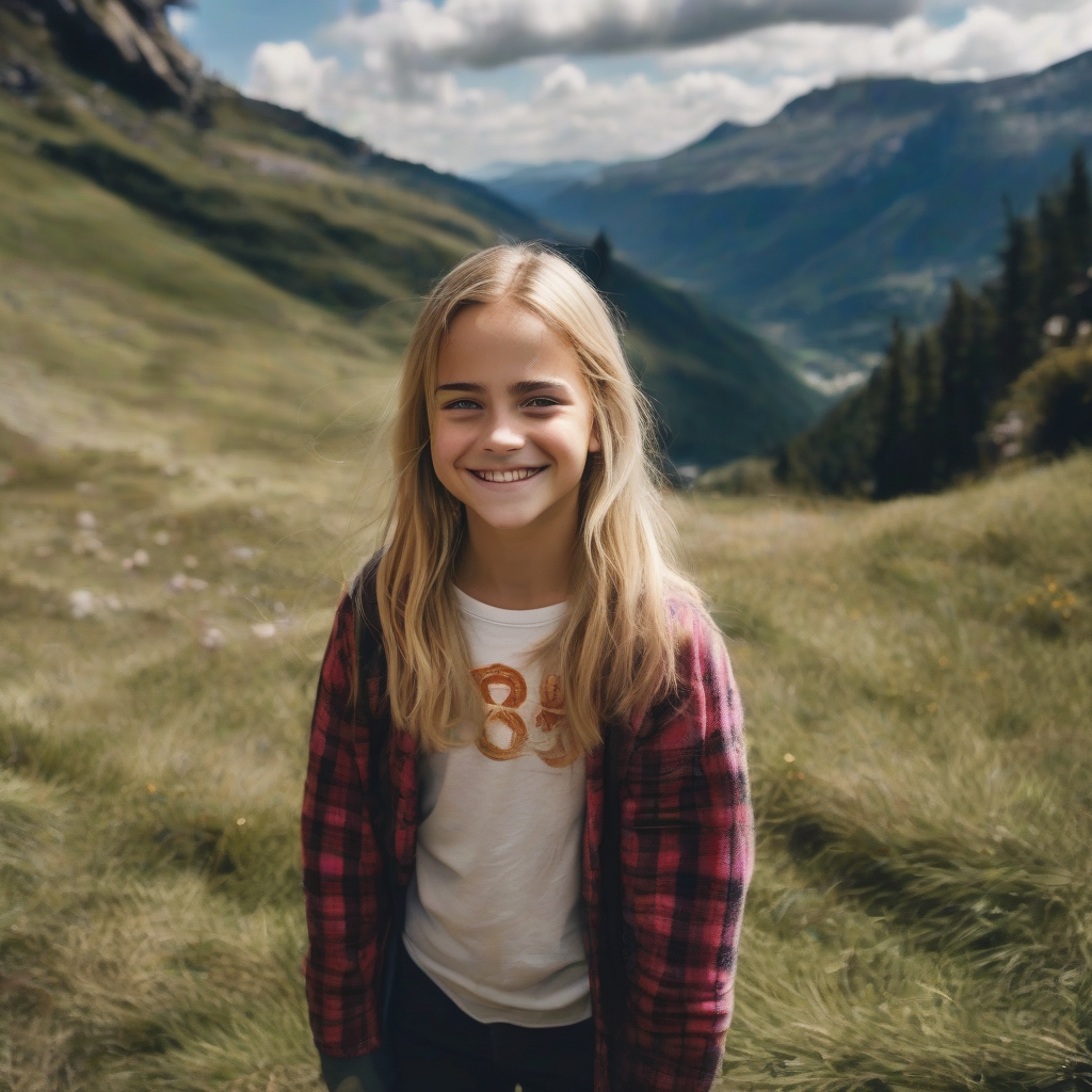 11 year old blonde smiling girl in mountains resembles emma watson by मुफ्त एआई छवि जनरेटर - बिना लॉगिन के✨ | AIGAZOU