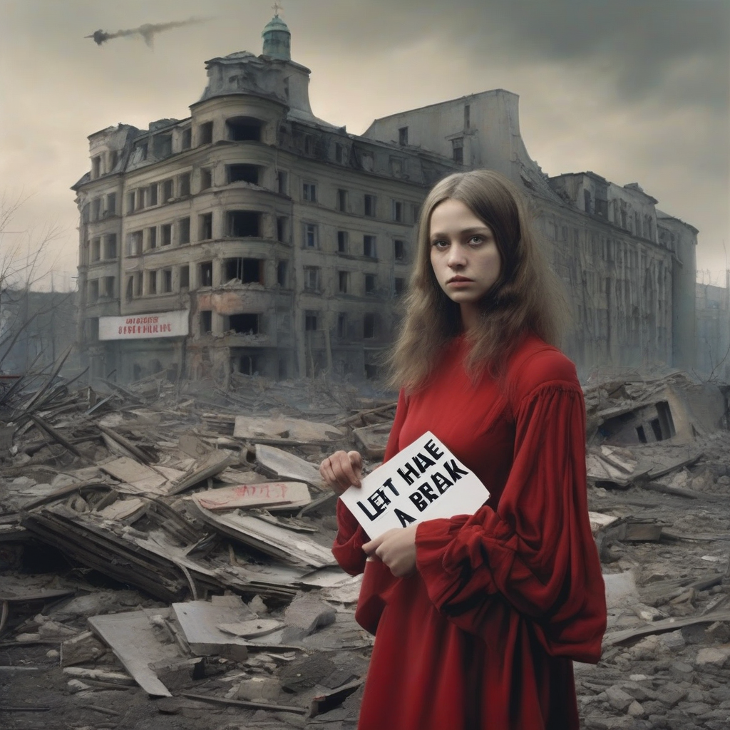 young woman in red dress with sign in ukraine by मुफ्त एआई छवि जनरेटर - बिना लॉगिन के✨ | AIGAZOU