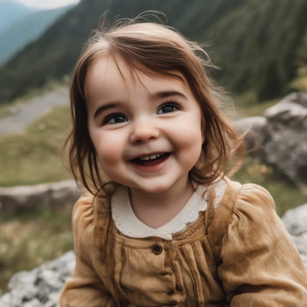 a year old girl with brown hair smiling in the mountains reminiscent of emma watson by मुफ्त एआई छवि जनरेटर - बिना लॉगिन के✨ | AIGAZOU