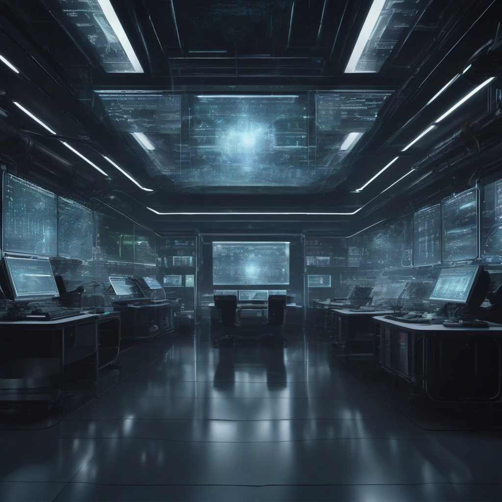 dark technological science fiction lab with a large transparent data screen by Générateur d'images par IA gratuit - Aucune connexion nécessaire✨ | AIGAZOU