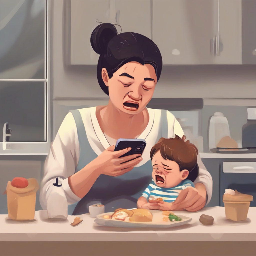 a child is hungry and crying the mother is distracted by the phone by Générateur d'images par IA gratuit - Aucune connexion nécessaire✨ | AIGAZOU