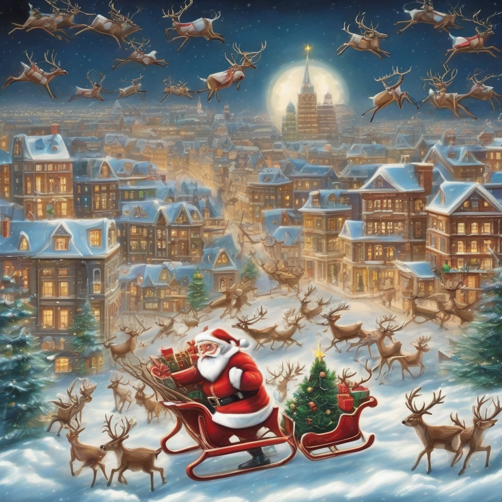 santa claus flies in sleigh over city at night in winter snow by मुफ्त एआई छवि जनरेटर - बिना लॉगिन के✨ | AIGAZOU