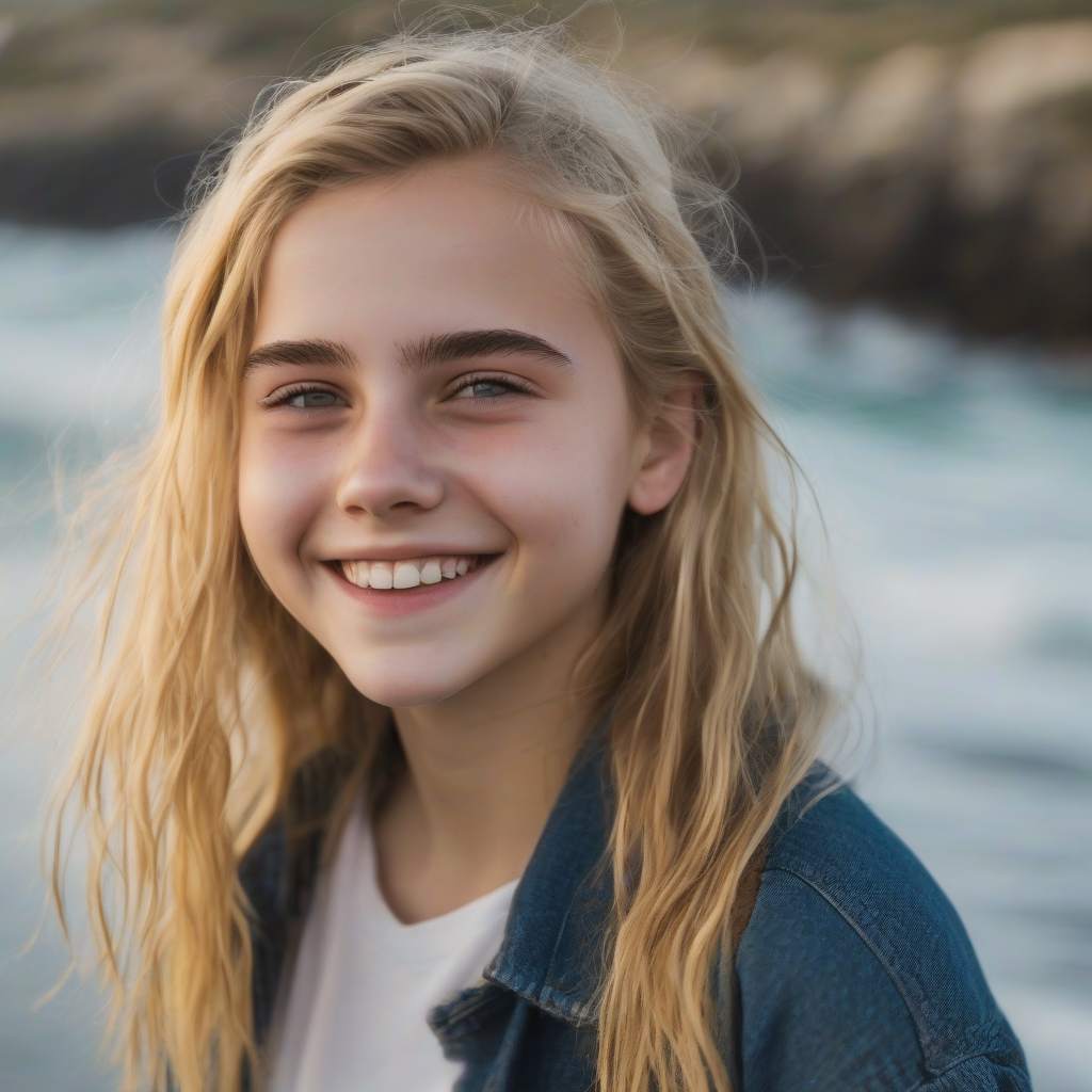 a blonde smiling girl at the sea resembles emma watson by मुफ्त एआई छवि जनरेटर - बिना लॉगिन के✨ | AIGAZOU