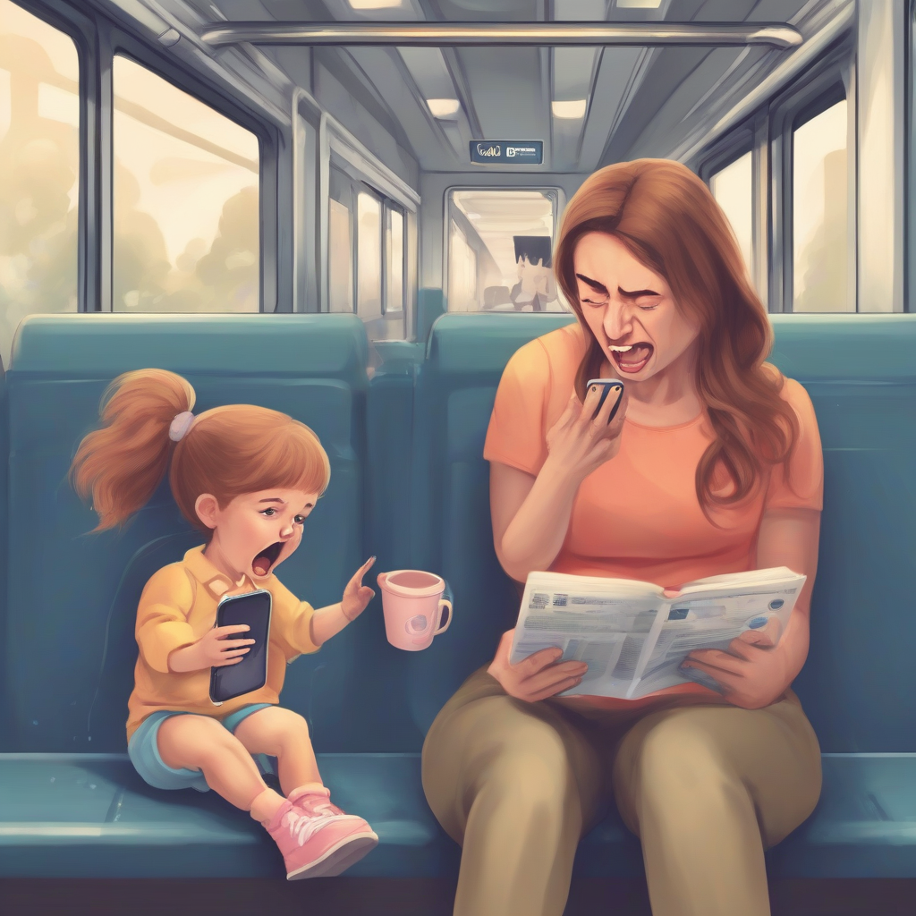 a mother sits on the train the child cries but the mother is distracted by social media and her phone by मुफ्त एआई छवि जनरेटर - बिना लॉगिन के✨ | AIGAZOU