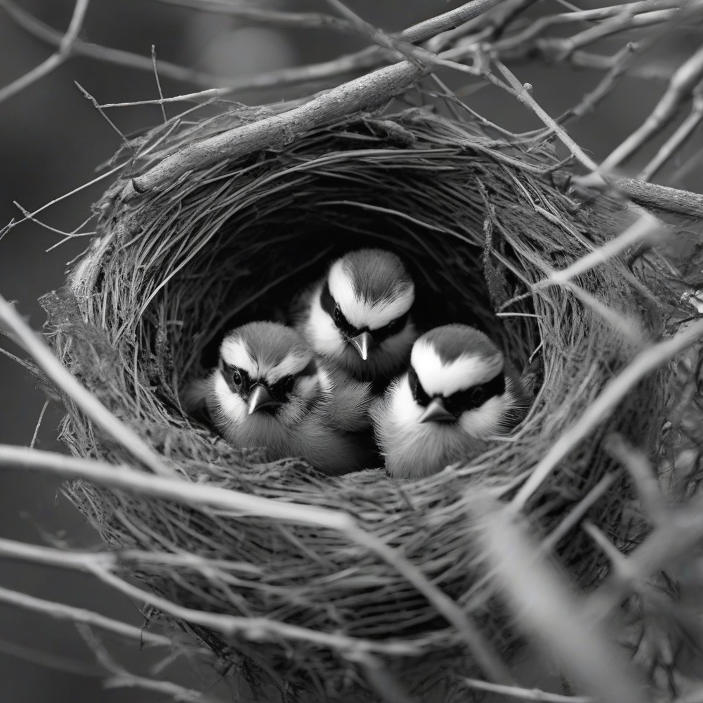 black and white photo of tit chicks in nest by मुफ्त एआई छवि जनरेटर - बिना लॉगिन के✨ | AIGAZOU