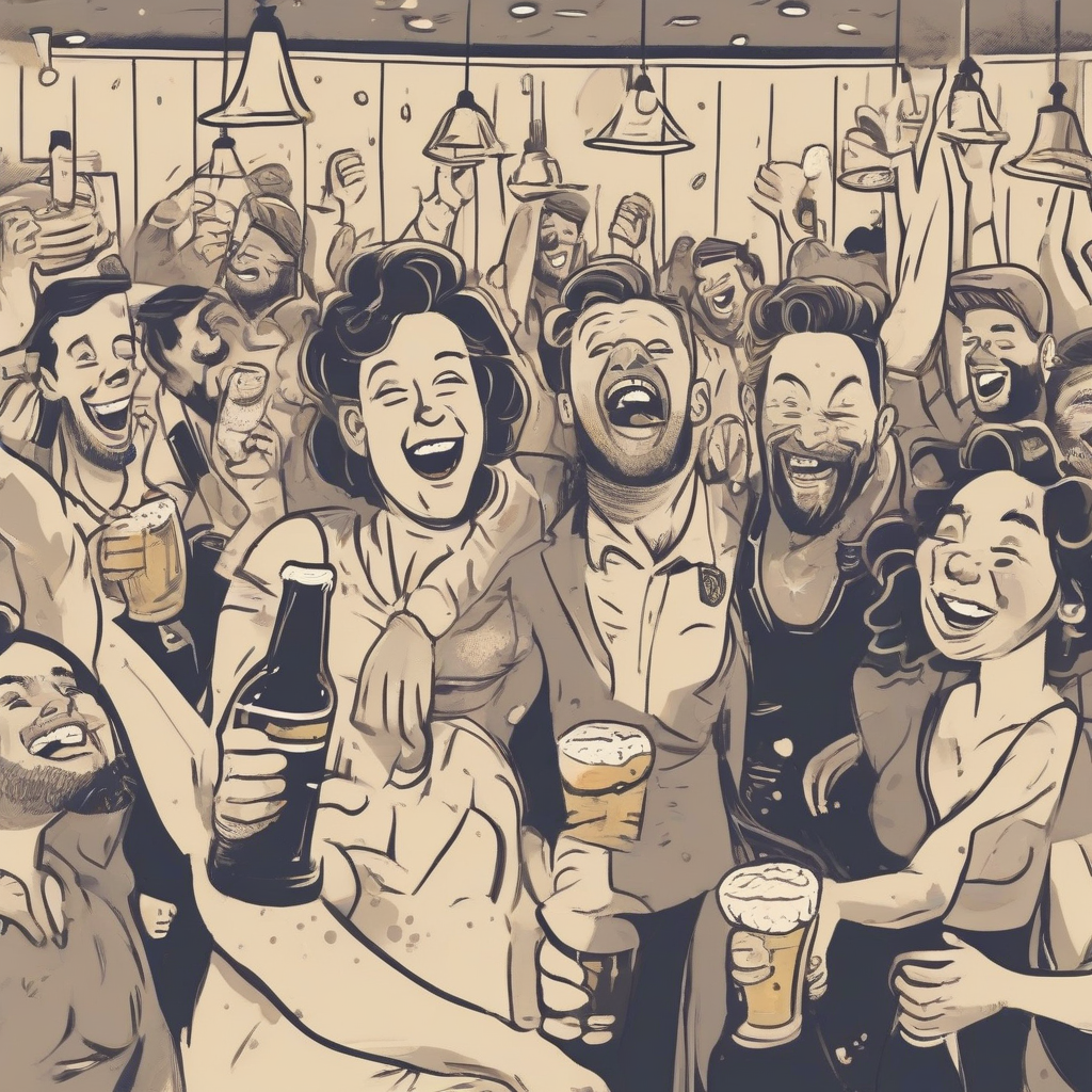 people laughing beer party indoor illustration by मुफ्त एआई छवि जनरेटर - बिना लॉगिन के✨ | AIGAZOU