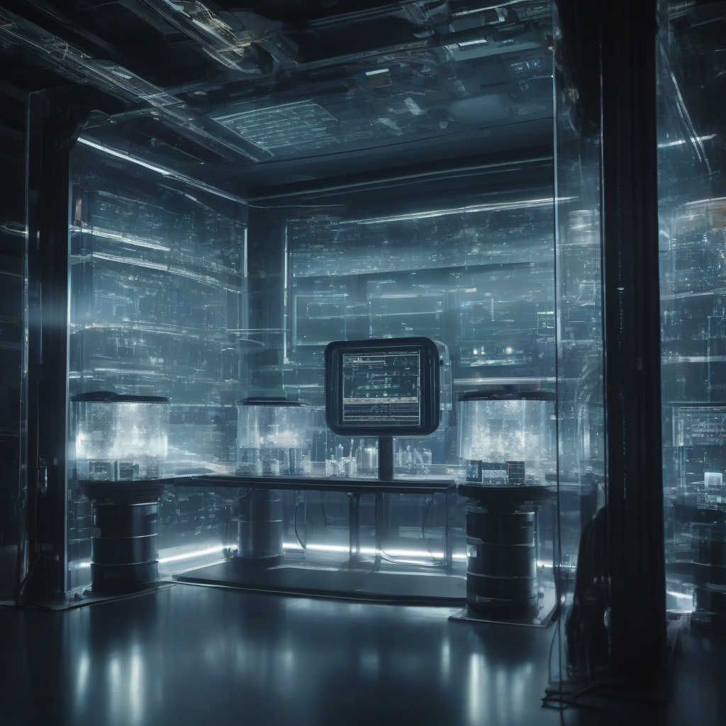 dark technological science fiction lab with a large transparent data screen by Générateur d'images par IA gratuit - Aucune connexion nécessaire✨ | AIGAZOU