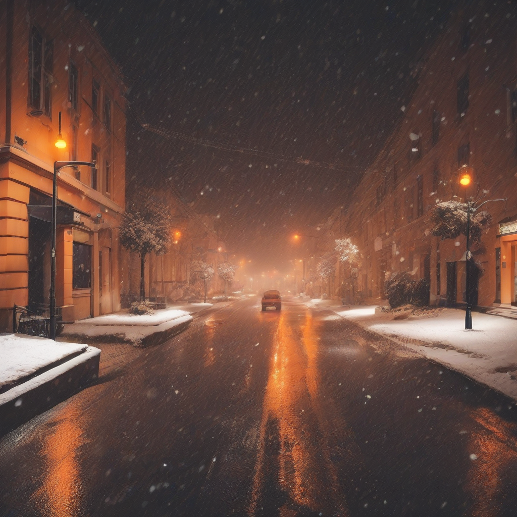 a street with orange lights at night snowing by मुफ्त एआई छवि जनरेटर - बिना लॉगिन के✨ | AIGAZOU