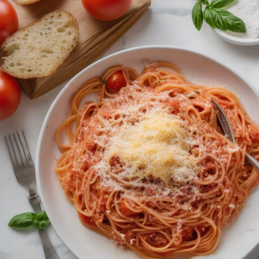 tomato spaghetti with parmesan on a plate by मुफ्त एआई छवि जनरेटर - बिना लॉगिन के✨ | AIGAZOU