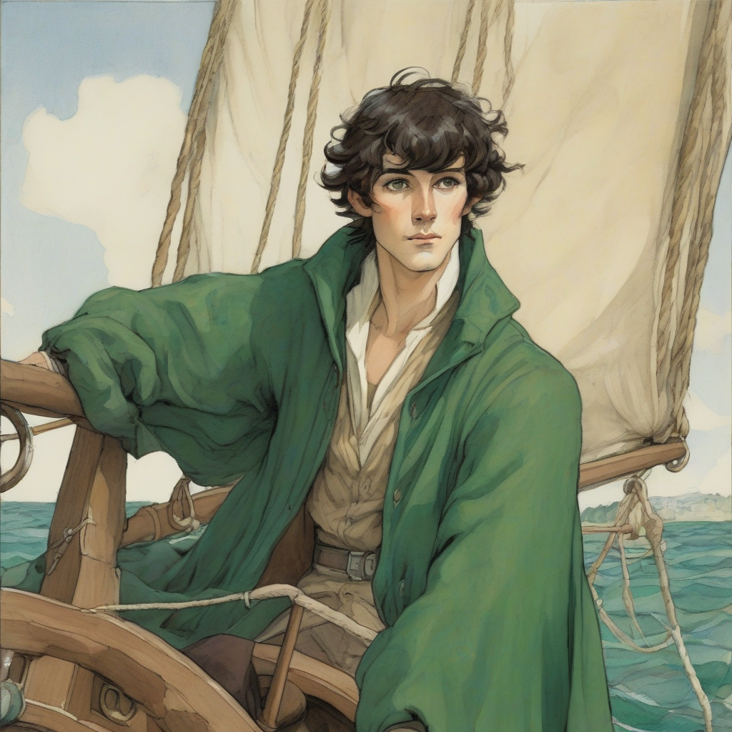 young man on old sailboat with green blue coat by मुफ्त एआई छवि जनरेटर - बिना लॉगिन के✨ | AIGAZOU