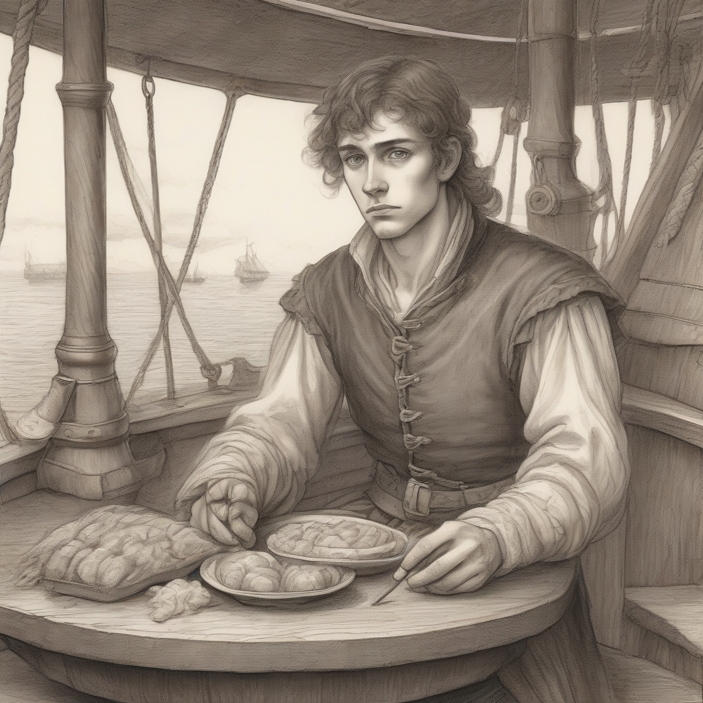 a sick looking young man with brown hair and noble medieval clothing on an old sailing ship by Générateur d'images par IA gratuit - Aucune connexion nécessaire✨ | AIGAZOU