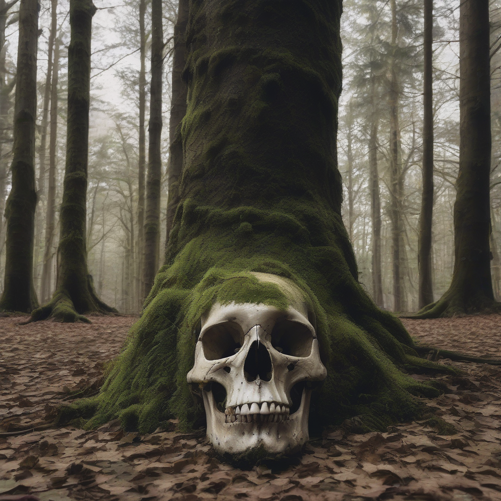 a moss covered skull lies among leaves in a forest by मुफ्त एआई छवि जनरेटर - बिना लॉगिन के✨ | AIGAZOU