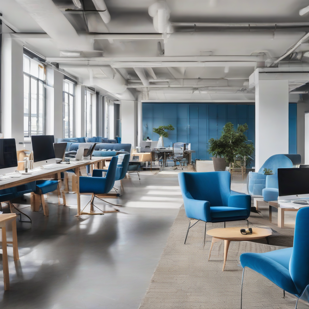 bright open office with blue chairs and couch by मुफ्त एआई छवि जनरेटर - बिना लॉगिन के✨ | AIGAZOU