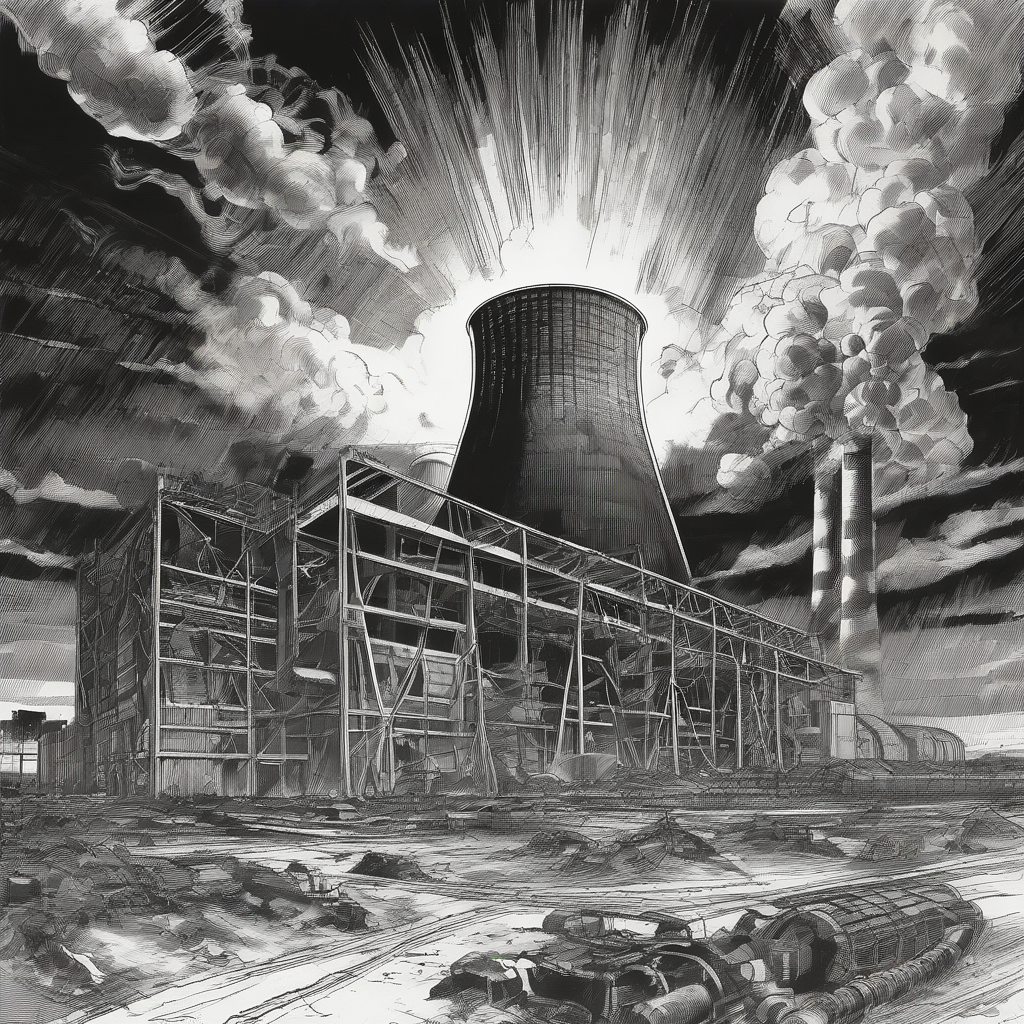 black and white drawing stylized nuclear power plant destroyed threatening by मुफ्त एआई छवि जनरेटर - बिना लॉगिन के✨ | AIGAZOU