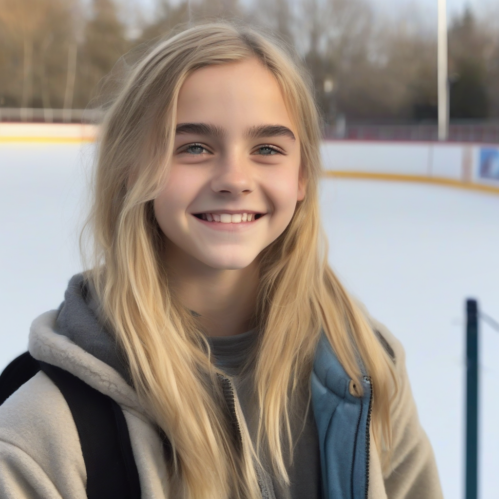 14 year old blonde smiling girl standing in front of ice hall reminiscent of emma watson by मुफ्त एआई छवि जनरेटर - बिना लॉगिन के✨ | AIGAZOU