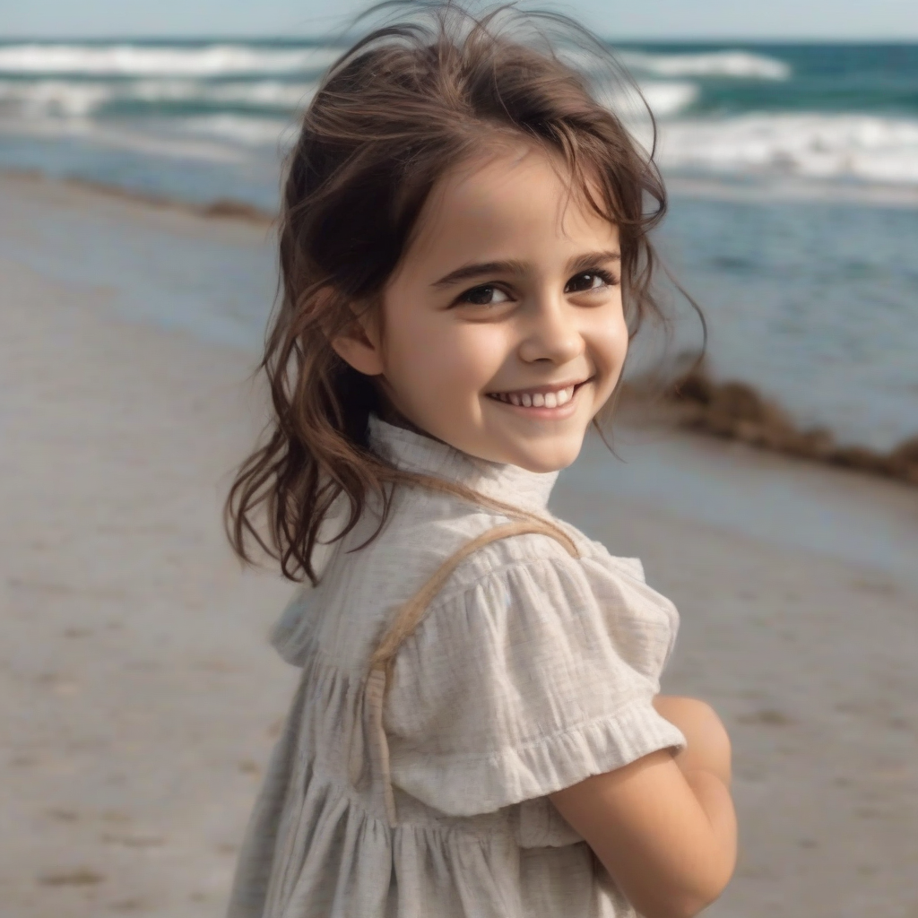 a four year old girl with dark brown hair smiling by the sea reminiscent of emma watson by मुफ्त एआई छवि जनरेटर - बिना लॉगिन के✨ | AIGAZOU