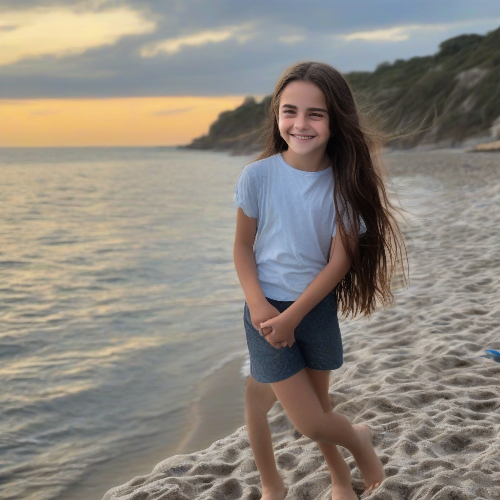 11 year old girl dark brown long hair smiling by the sea reminiscent of emma watson by मुफ्त एआई छवि जनरेटर - बिना लॉगिन के✨ | AIGAZOU