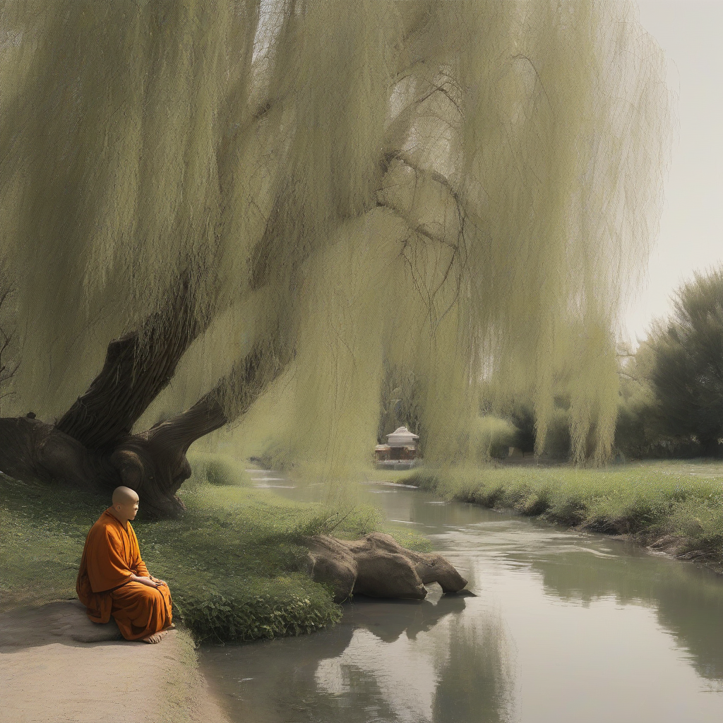 a monk rests near a willow tree by a stream by मुफ्त एआई छवि जनरेटर - बिना लॉगिन के✨ | AIGAZOU