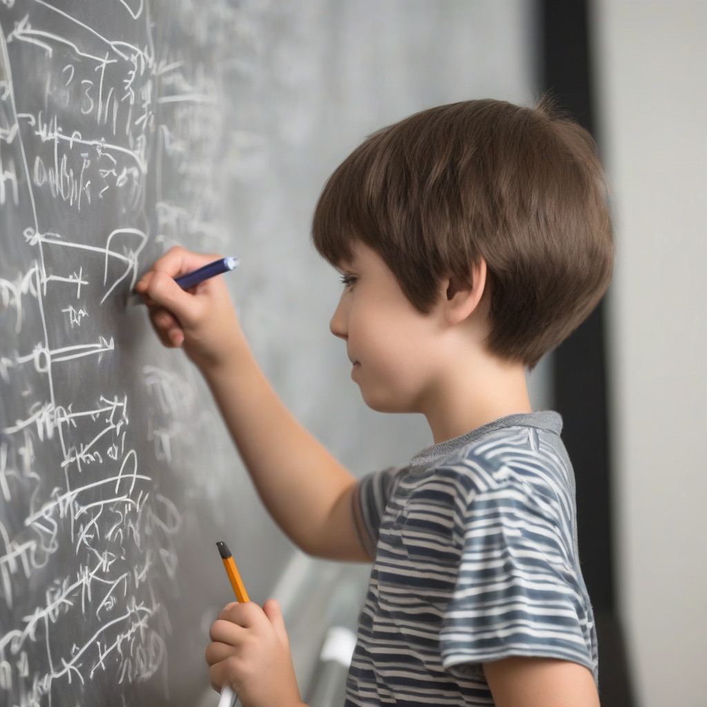 a child with very short hair writes on the school board by मुफ्त एआई छवि जनरेटर - बिना लॉगिन के✨ | AIGAZOU