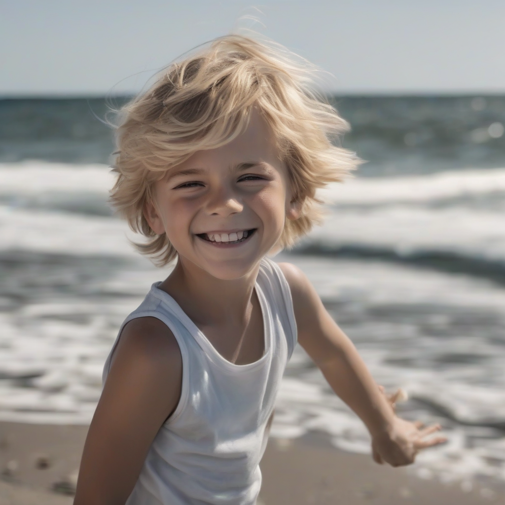 5 year old blonde boy smiling at sea reminiscent of emma watson by मुफ्त एआई छवि जनरेटर - बिना लॉगिन के✨ | AIGAZOU