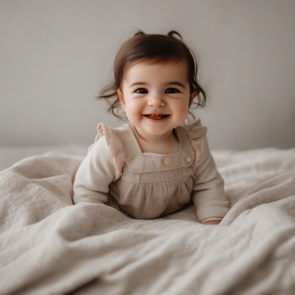 a year old girl with dark brown hair smiling in bed reminiscent of emma watson by मुफ्त एआई छवि जनरेटर - बिना लॉगिन के✨ | AIGAZOU