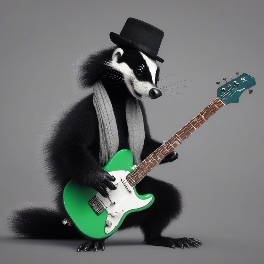 skunk with dark glasses black hat gray scarf plays electric guitar greenscreen by मुफ्त एआई छवि जनरेटर - बिना लॉगिन के✨ | AIGAZOU