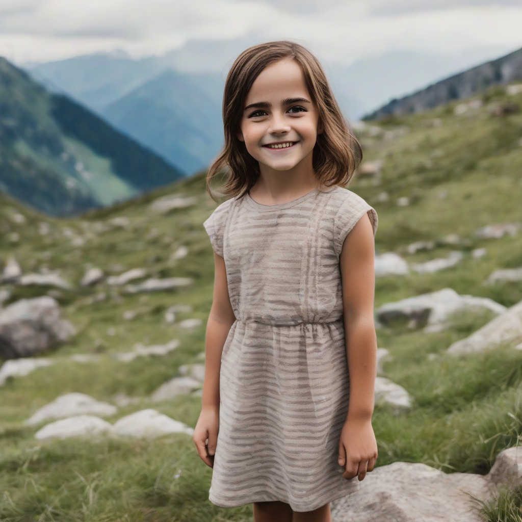 6 year old girl brown hair smiling in the mountains reminiscent of emma watson by मुफ्त एआई छवि जनरेटर - बिना लॉगिन के✨ | AIGAZOU