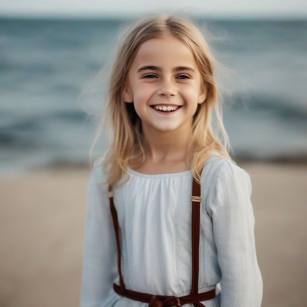 8 year old blonde girl smiling at the sea resembles emma watson by मुफ्त एआई छवि जनरेटर - बिना लॉगिन के✨ | AIGAZOU