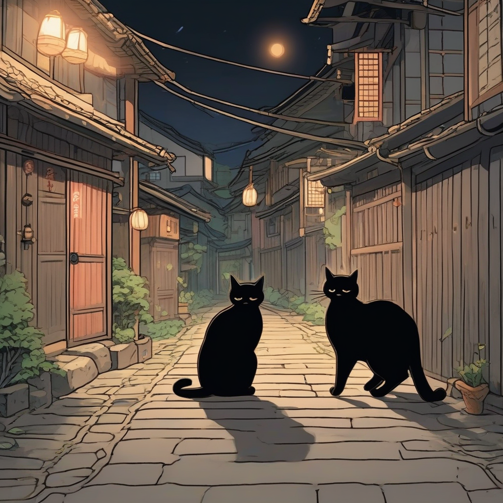 studio ghibli style two black cats playing in japanese night alley by मुफ्त एआई छवि जनरेटर - बिना लॉगिन के✨ | AIGAZOU