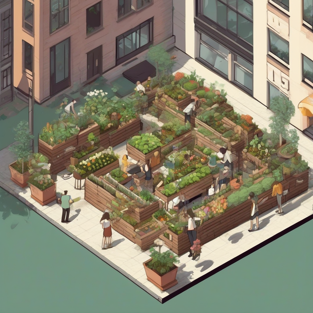 isometric drawing square base long table urban gardening three people by मुफ्त एआई छवि जनरेटर - बिना लॉगिन के✨ | AIGAZOU