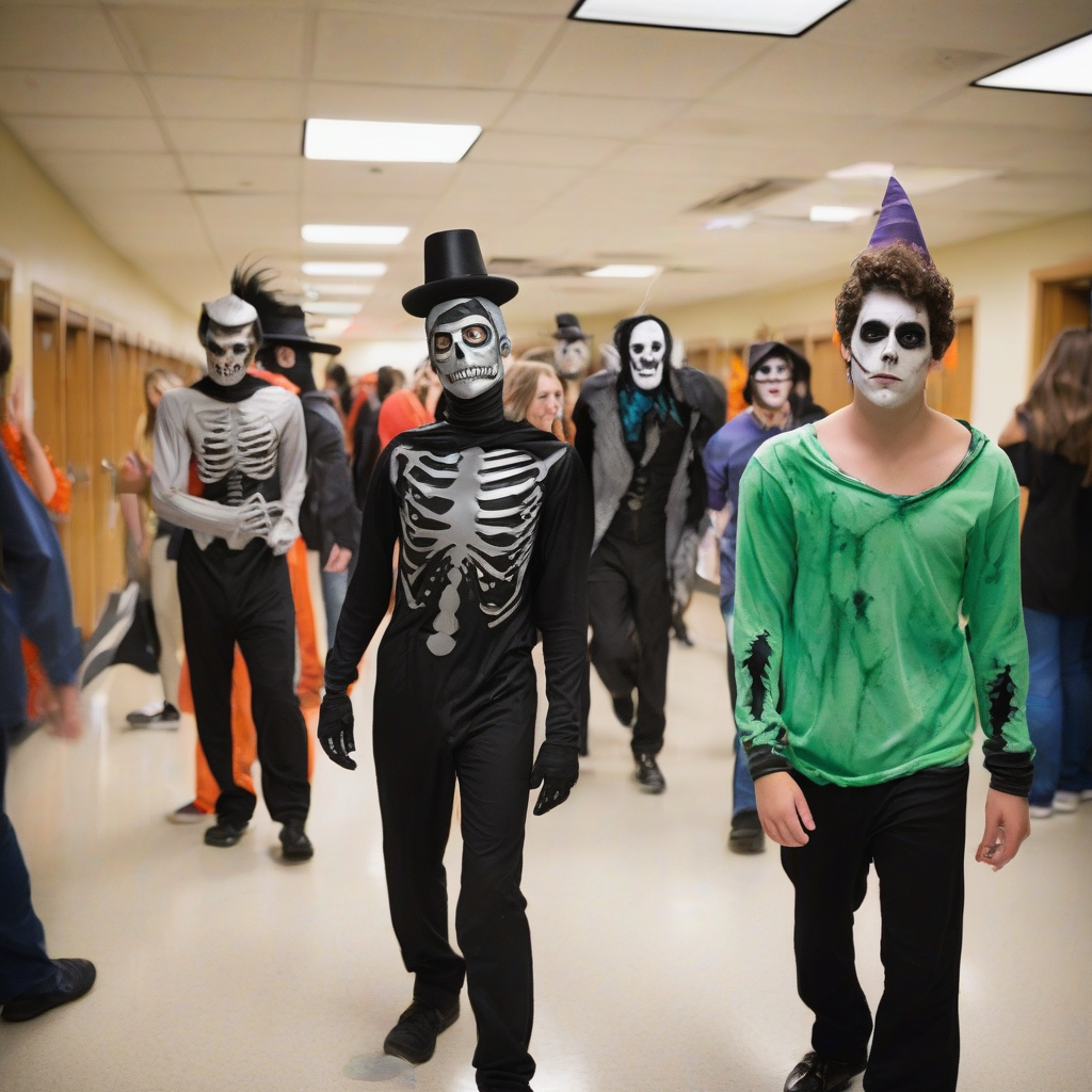 halloween party at high school with costumed students by मुफ्त एआई छवि जनरेटर - बिना लॉगिन के✨ | AIGAZOU