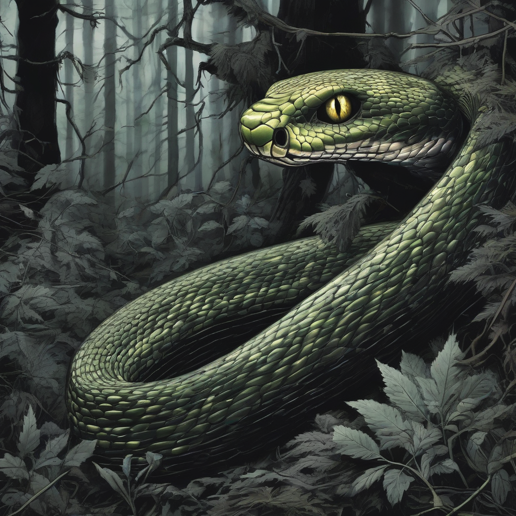 a snake glints its eyes in a dark forest by मुफ्त एआई छवि जनरेटर - बिना लॉगिन के✨ | AIGAZOU