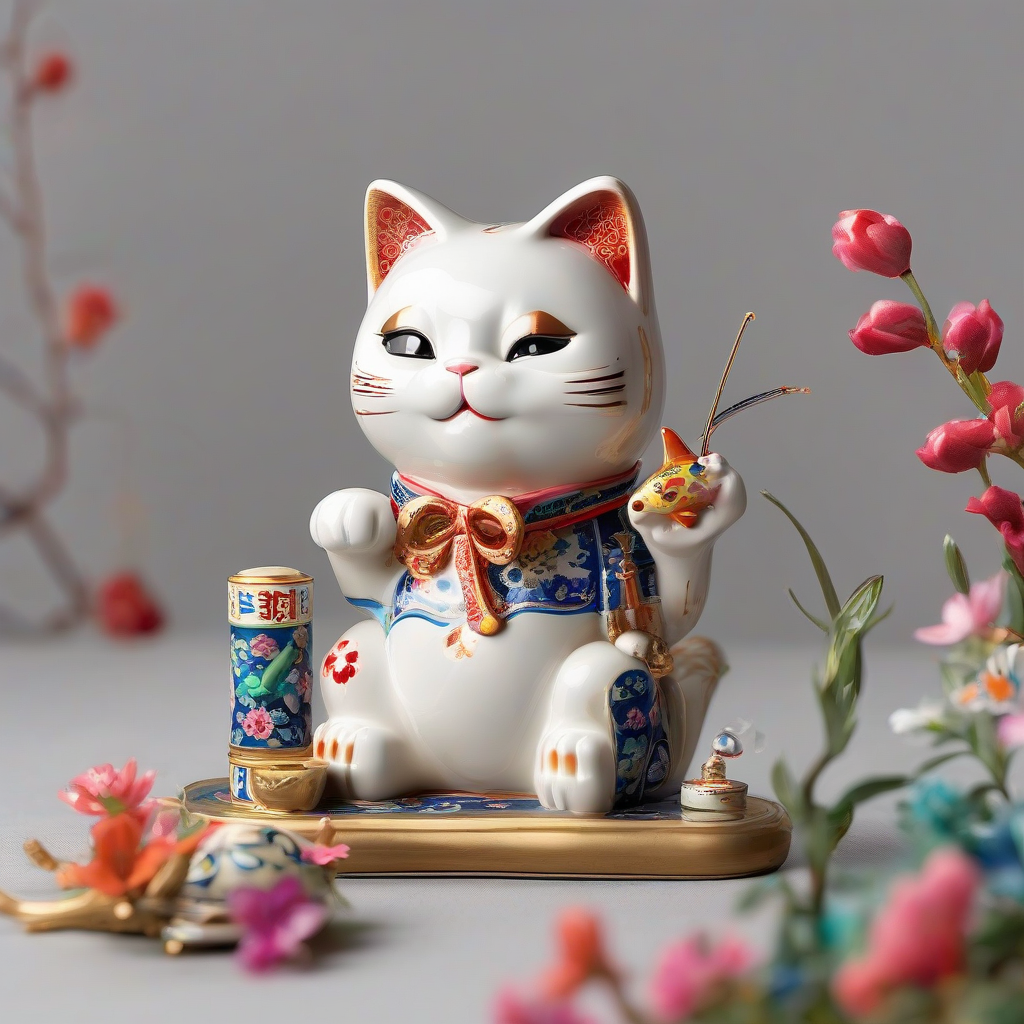 winking cat 3d figurine movable arm porcelain lucky cat money tradition springing spray can fish by मुफ्त एआई छवि जनरेटर - बिना लॉगिन के✨ | AIGAZOU