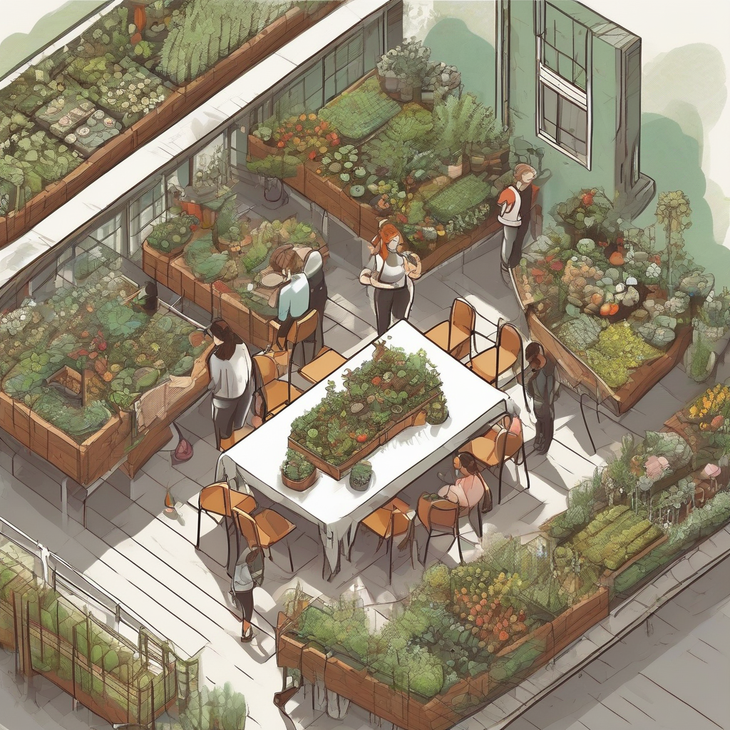 isometric drawing long table urban gardening by मुफ्त एआई छवि जनरेटर - बिना लॉगिन के✨ | AIGAZOU