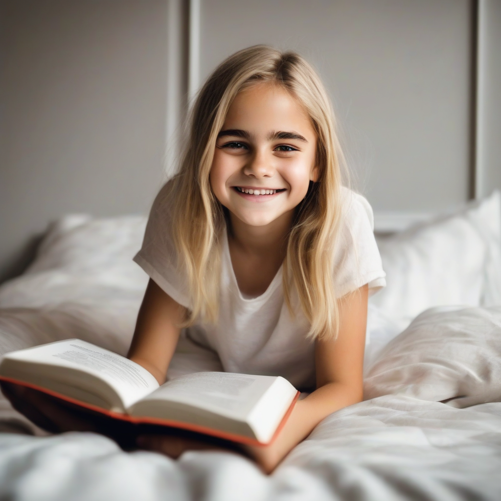 11 year old blonde girl smiling reading book reminiscent of emma watson by मुफ्त एआई छवि जनरेटर - बिना लॉगिन के✨ | AIGAZOU