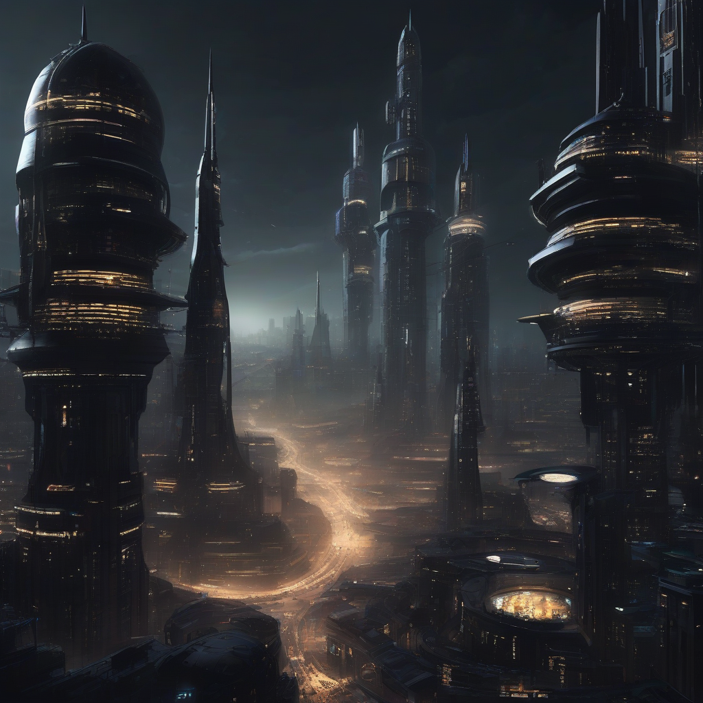 a black technological science fiction city with a large tower at night by मुफ्त एआई छवि जनरेटर - बिना लॉगिन के✨ | AIGAZOU