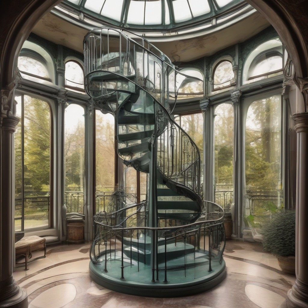 art nouveau pavilion spiral staircase glass landings by मुफ्त एआई छवि जनरेटर - बिना लॉगिन के✨ | AIGAZOU