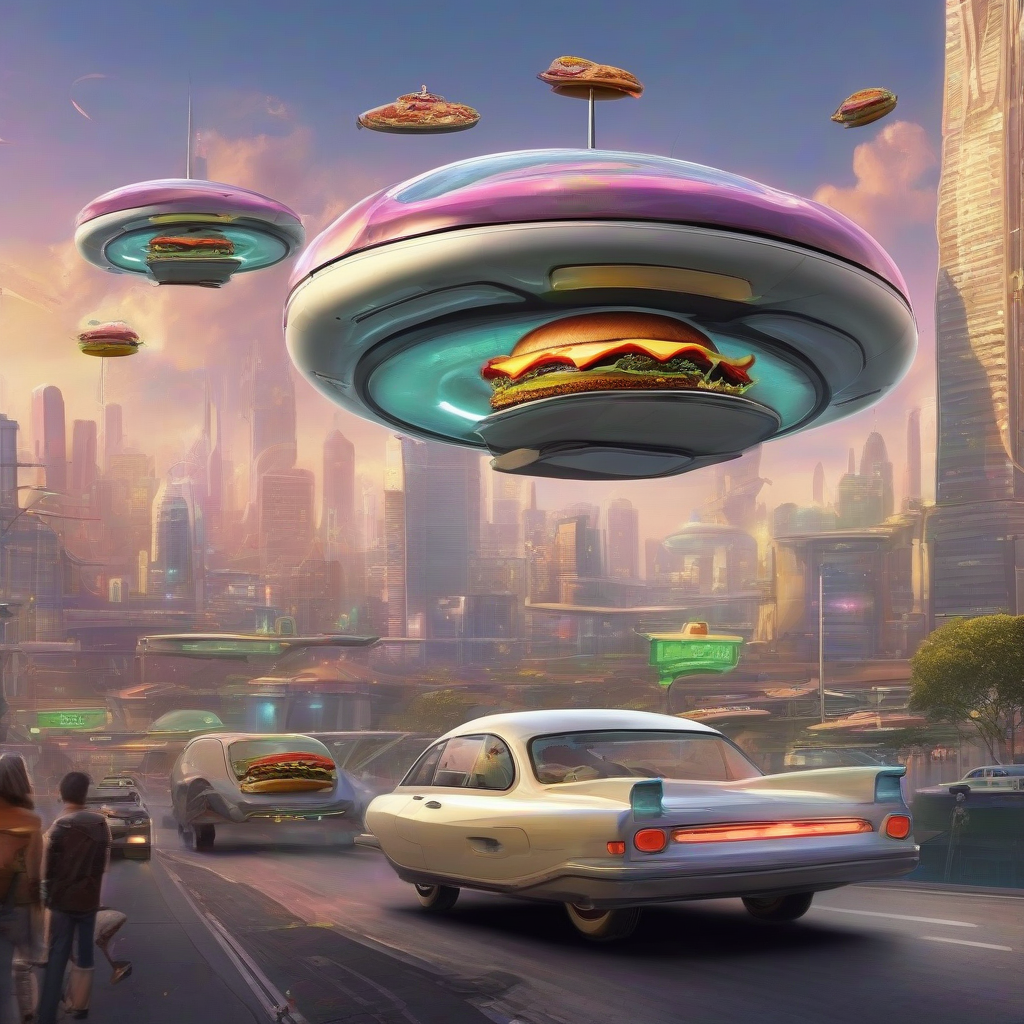 future city with giant burgers and flying cars by मुफ्त एआई छवि जनरेटर - बिना लॉगिन के✨ | AIGAZOU